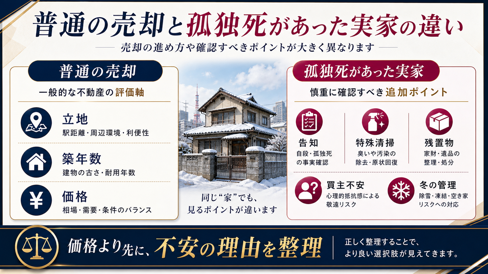 札幌市で孤独死があった実家と普通の売却の違いを整理した図解