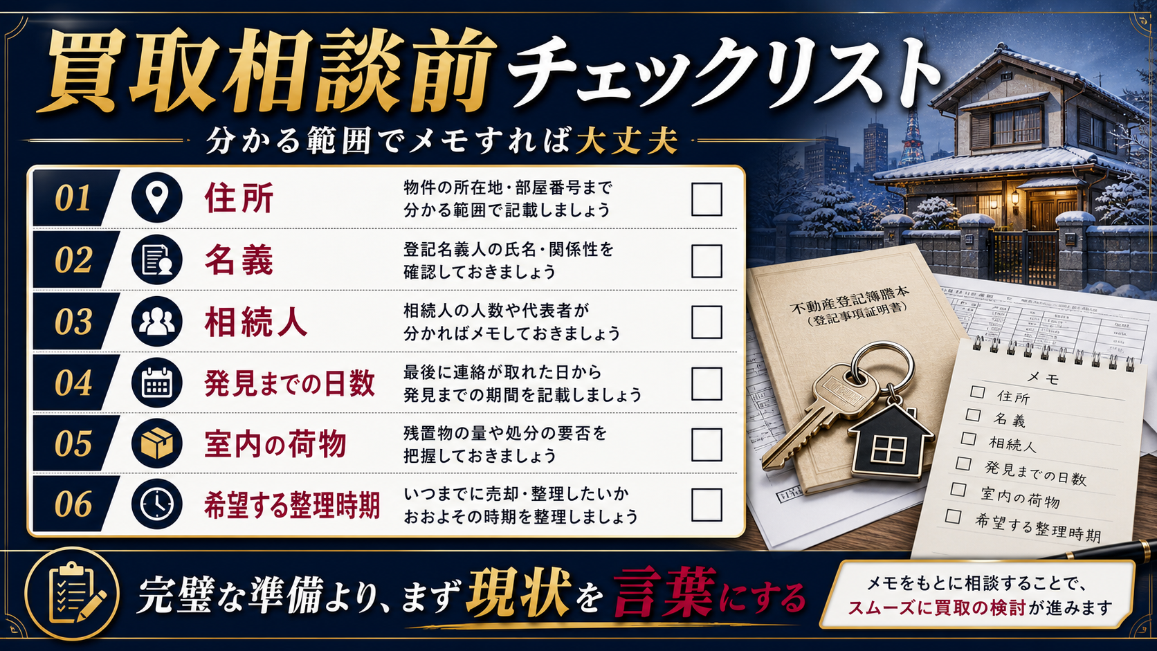 孤独死があった実家の買取相談前にメモしておくことをまとめたチェックリスト図解