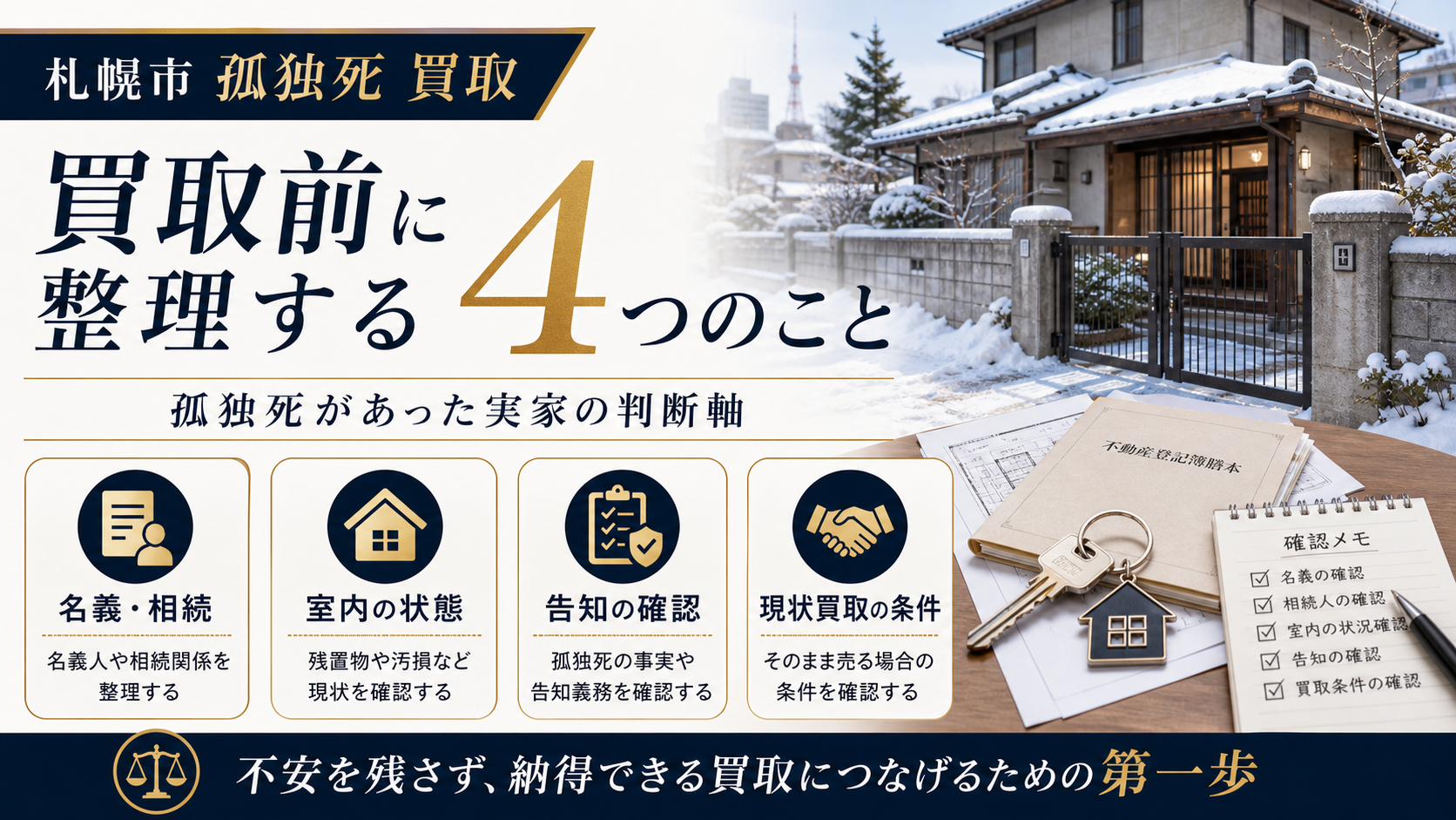 札幌市で孤独死があった実家を買取相談する前に整理する4つの判断軸の図解